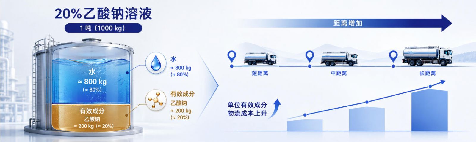 一吨20%醋酸钠溶液的“200kg有效成分 + 约800kg水”结构，以及距离增加后单位有效成分物流成本上升示意